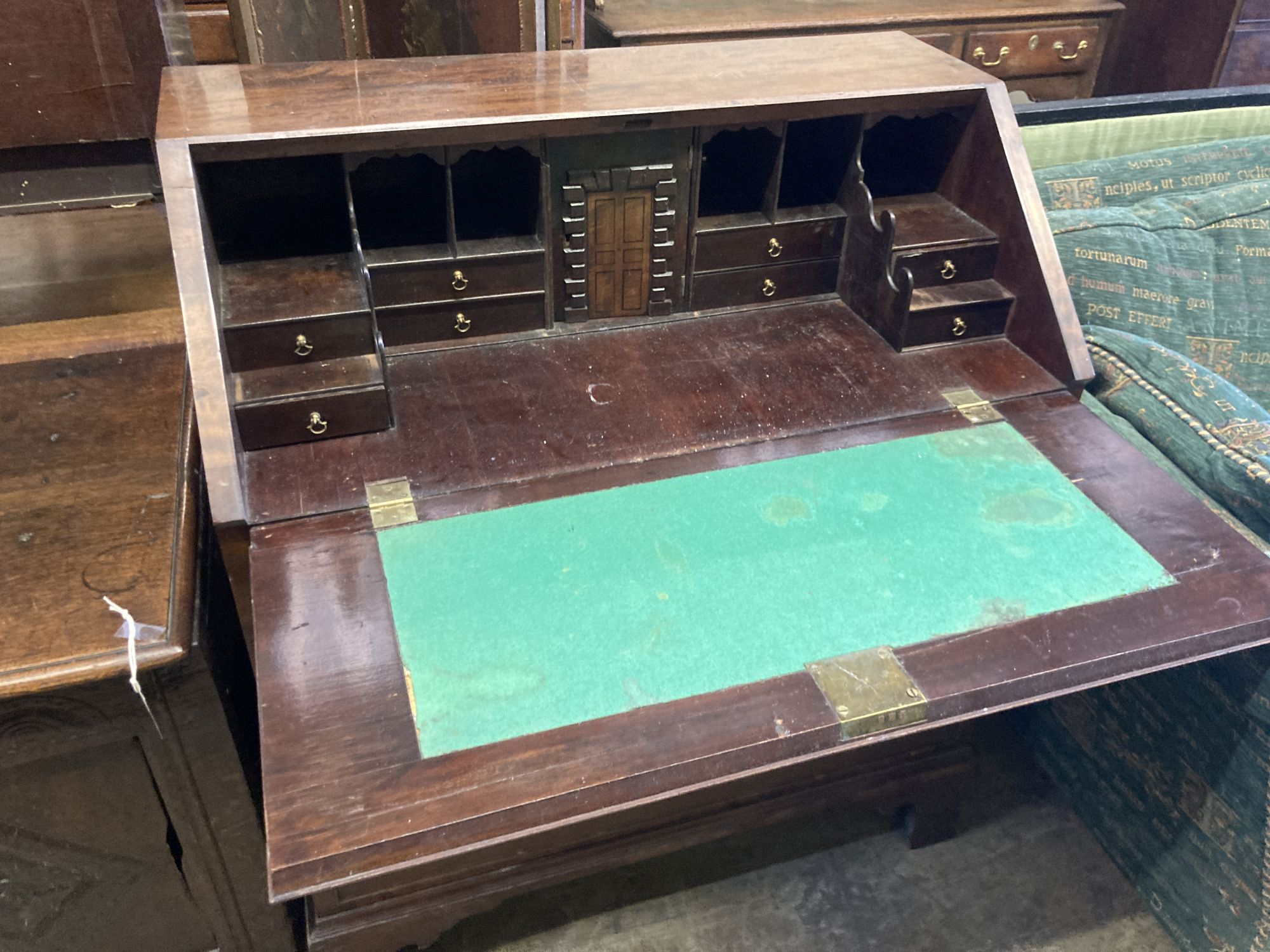 A George III satinwood inlaid mahogany bureau, width 92cm, depth 51cm, height 108cm